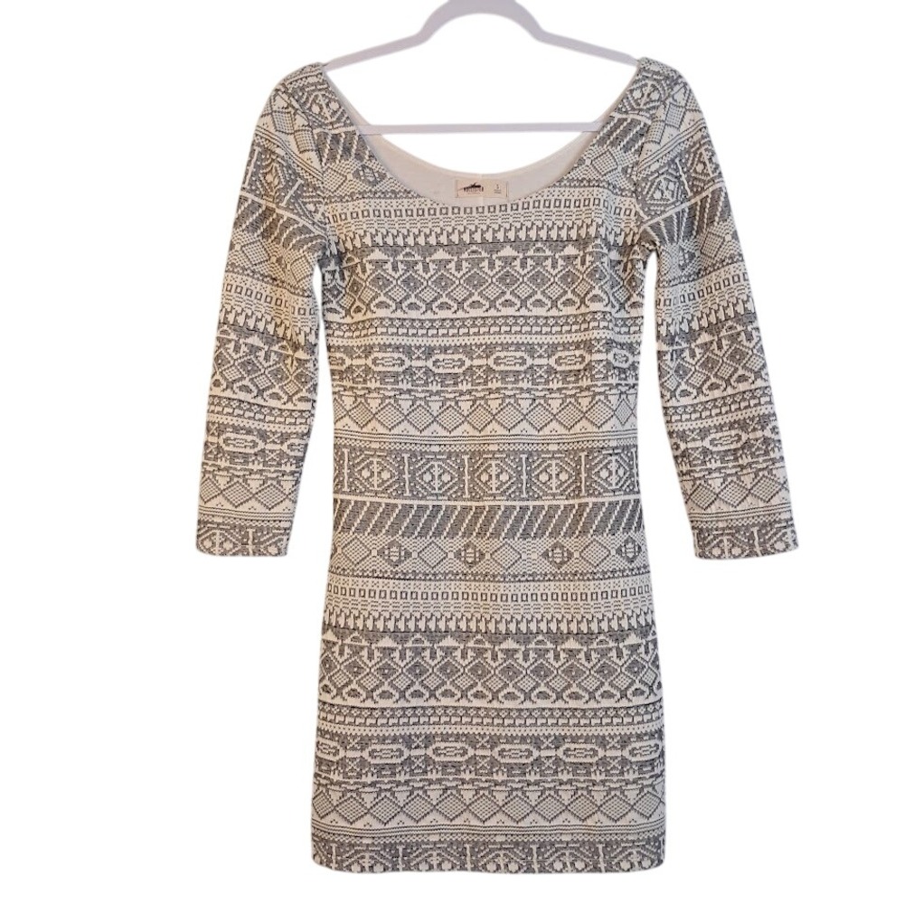 HOLLISTER S Gray‎ Textured Knit Tribal Pattern Long Sleeve Mini Dress Bodycon